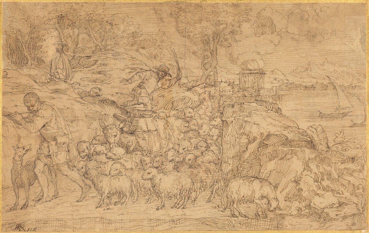 Shepherd Playing a Flute and Leading His Flock