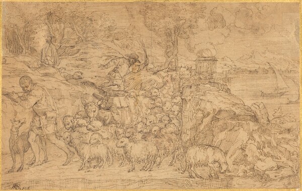 Shepherd Playing a Flute and Leading His Flock