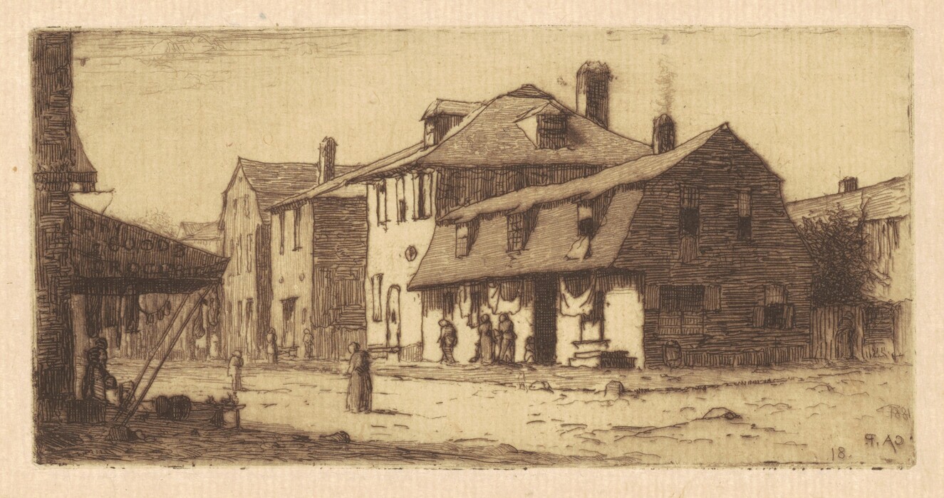 The image displays a street scene with buildings lining a dirt road. The structures are rendered with fine lines, capturing the texture of wooden facades and architectural details. Earthy tones dominate the composition, emphasizing browns and sepia hues. In the foreground, a figure stands under an awning with hanging goods. In the background, people are walking or standing in small groups along the roadside. The scene suggests a historical town setting with older building styles.