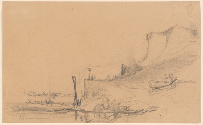 The drawing depicts a landscape seen from an elevated point, showing water and land with a structure on a hill. There are figures, a post or tree by the water, and a simple color scheme with neutral and gray tones.