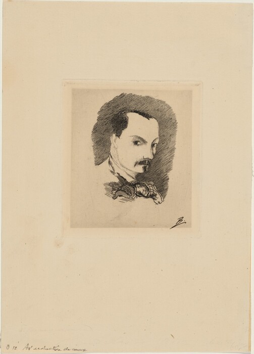 The image shows an etching of a man's head and shoulders. His gaze is directed towards the viewer. The man has a mustache, goatee, and short dark hair styled away from his face. He wears a collared garment with a bow tie or cravat. The background is plain, and the etching is mounted on textured paper. The artist's signature is in the bottom right corner of the image.