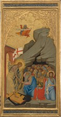 A bearded man, Jesus, strides from under an archway across a wooden door that lies flat along the ground as it pins and crushes a black beast in this vertical, framed panel. A crowd of people huddle inside the rocky cave, and everyone has pale skin faintly tinged with green. Jesus wears a bright, gold-patterned cloth draped over one shoulder and around his body. He holds a tall pole with a flag with a red cross on a white field with his left hand. His other clasps hands with an elderly man with gray hair and long white beard. Behind the elder man, a crowd of men and women kneel in front of the opening of a craggy cave. One man holds a scroll with black letters that reads, “ECCE ANGIUS.” Another bearded man floats above holding a scroll that reads, “DESTRUXIT QUIDAM MORTES INFERNI ET SUBVERTIT POTENTIAS DIABOLI.” Above the scene, an architectural arch and tracery is created in low relief in gold against the gold-leaf background. The gold frame has inset bands of lapis blue with scrolling, leafy designs in gold above and below the central scene.