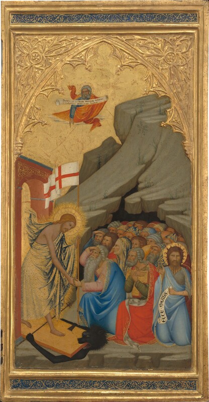 A bearded man, Jesus, strides from under an archway across a wooden door that lies flat along the ground as it pins and crushes a black beast in this vertical, framed panel. A crowd of people huddle inside the rocky cave, and everyone has pale skin faintly tinged with green. Jesus wears a bright, gold-patterned cloth draped over one shoulder and around his body. He holds a tall pole with a flag with a red cross on a white field with his left hand. His other clasps hands with an elderly man with gray hair and long white beard. Behind the elder man, a crowd of men and women kneel in front of the opening of a craggy cave. One man holds a scroll with black letters that reads, “ECCE ANGIUS.” Another bearded man floats above holding a scroll that reads, “DESTRUXIT QUIDAM MORTES INFERNI ET SUBVERTIT POTENTIAS DIABOLI.” Above the scene, an architectural arch and tracery is created in low relief in gold against the gold-leaf background. The gold frame has inset bands of lapis blue with scrolling, leafy designs in gold above and below the central scene.