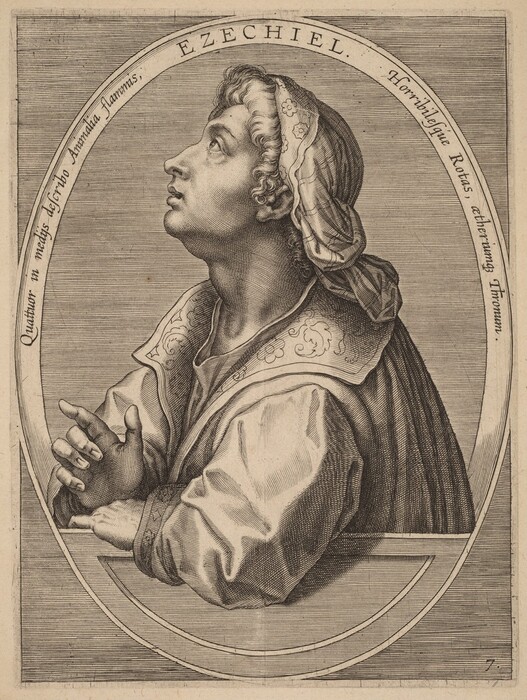 The image shows a person in profile, looking slightly upwards. The individual has curly hair and is wearing a headscarf. Their facial features include a prominent nose and a focused expression. They are wearing a loose-fitting garment with a wide collar featuring decorative patterns. Both hands are visible in a gesture of clasping or praying. The background is a textured surface within an oval frame, giving a classical style to the illustration. No jewelry or additional objects are present.