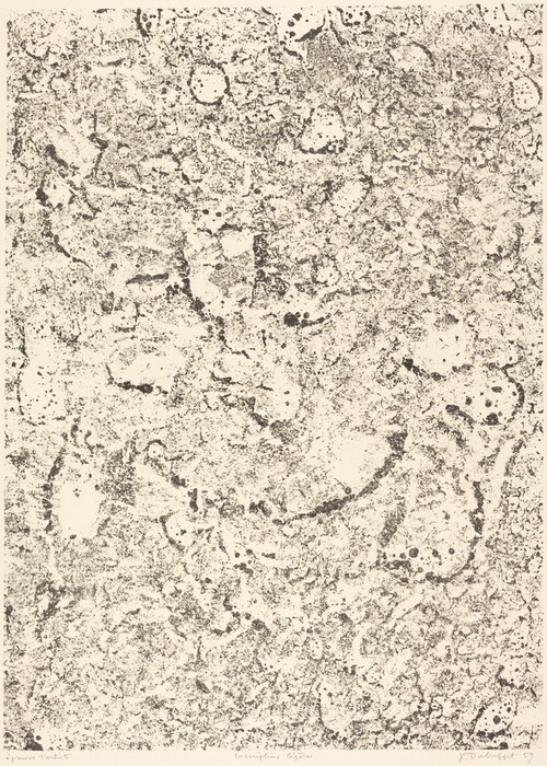 The image consists of swirling shapes and jagged lines forming an abstract pattern resembling a textured surface. It includes a dense concentration of black and grey scattered dots and smudges, suggesting a starry sky or microscopic view of rock formations. This pattern evokes natural elements, such as a landscape or mountain range viewed from above.