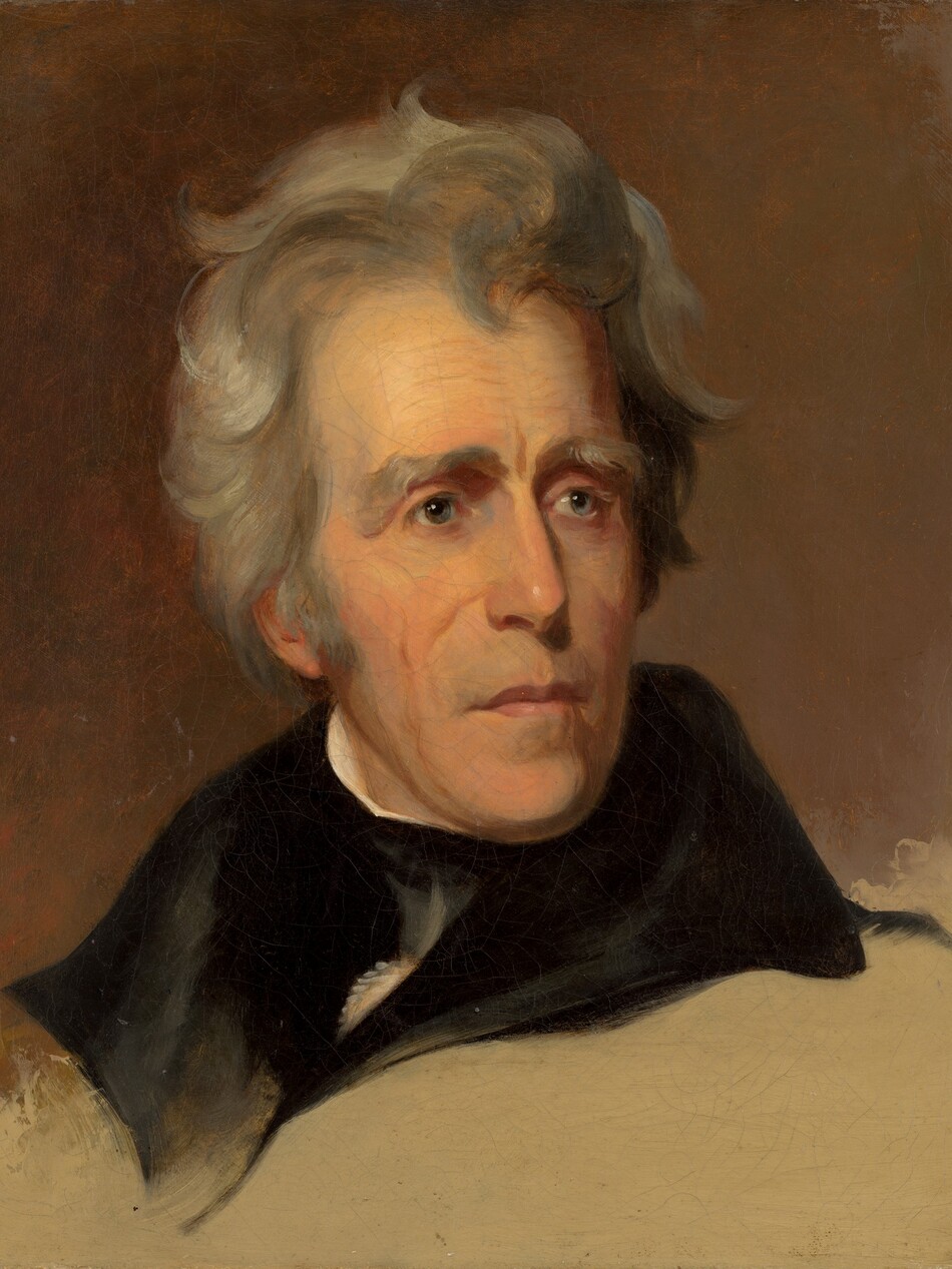 The head and shoulders of a man with light skin and gray hair nearly fills this vertical portrait painting. Shown against a peanut-brown background, the man’s shoulders are angled to our left, and he looks off to our right with blue eyes. His gray hair curls around his forehead and over his ears. His bushy gray eyebrows gather over a furrowed brow, and sideburns grow down past his earlobes. His long, straight, slightly hooked nose and high cheekbones are set into his long, oval-shaped face. His pink lips are closed over a rounded chin, which is framed by vertical wrinkles. The white edge of a collar peeks above the high neck of a velvety black garment with wide lapels. The area beneath the man’s shoulders is a dark ivory color, perhaps indicating that this painting is unfinished.