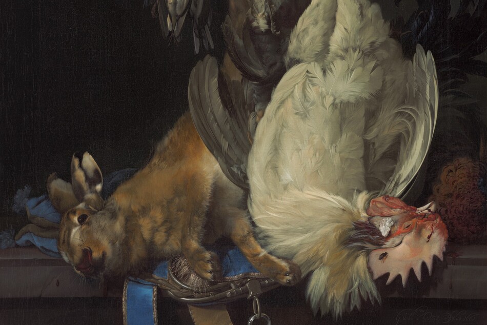Two roosters, a rabbit, and three small birds hang from the top of this vertical still life painting, so the heads of one white rooster and the rabbit come to rest on a dark stone ledge, about a third of the way up the composition. To our left, the tawny-brown rabbit’s nose faces us as the head rests on an azure-blue purse with silver lining. A pair of scissors is tucked behind the strap, which falls down over the ledge. To our right, the head of the rooster curves away with its red coxcomb coming toward us. A black fly rests on the rooster’s comb. The black tail feathers of another rooster arc out behind it, near the upper right corner of the painting. In front of the rabbit's bound, hind legs is a small bird with puffed, silvery-gray feathers, and one black leg tied up with a dark cord. To our left are two more small birds, one with gray, cream, and tan feathers, the other with cream, golden orange, and lapis blue. These two are secured with their beaks pointing upward. Two white and scarlet-red caps, falcon’s hoods, are strung up by white ribbon near the pair of birds. Below the ledge is a carved scene with nude or nearly nude people, but this area is mostly in shadow. Behind the animals is a dark, nearly black wall.