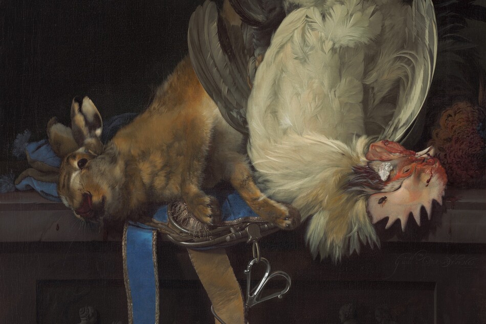 Two roosters, a rabbit, and three small birds hang from the top of this vertical still life painting, so the heads of one white rooster and the rabbit come to rest on a dark stone ledge, about a third of the way up the composition. To our left, the tawny-brown rabbit’s nose faces us as the head rests on an azure-blue purse with silver lining. A pair of scissors is tucked behind the strap, which falls down over the ledge. To our right, the head of the rooster curves away with its red coxcomb coming toward us. A black fly rests on the rooster’s comb. The black tail feathers of another rooster arc out behind it, near the upper right corner of the painting. In front of the rabbit's bound, hind legs is a small bird with puffed, silvery-gray feathers, and one black leg tied up with a dark cord. To our left are two more small birds, one with gray, cream, and tan feathers, the other with cream, golden orange, and lapis blue. These two are secured with their beaks pointing upward. Two white and scarlet-red caps, falcon’s hoods, are strung up by white ribbon near the pair of birds. Below the ledge is a carved scene with nude or nearly nude people, but this area is mostly in shadow. Behind the animals is a dark, nearly black wall.