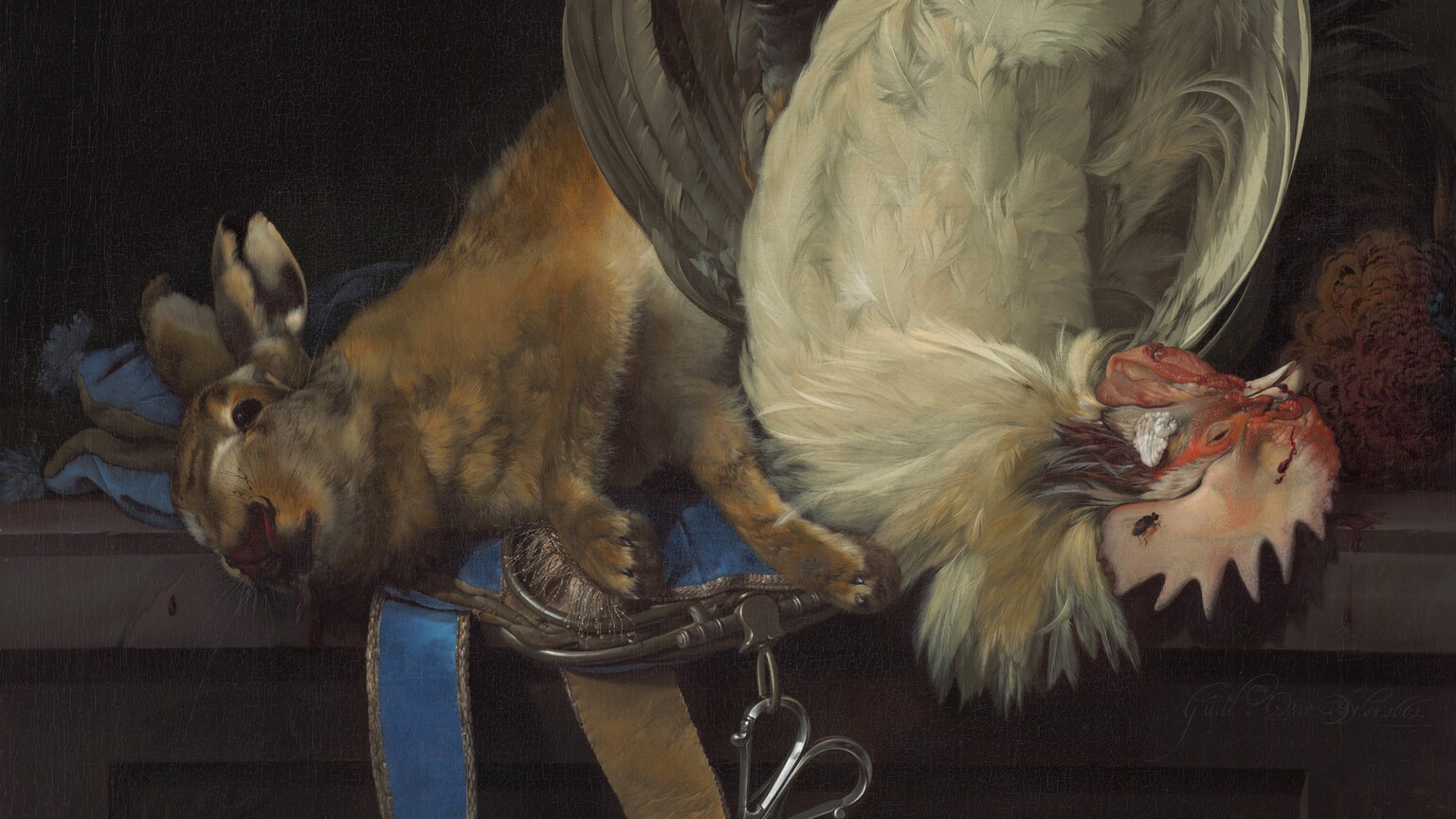 Two roosters, a rabbit, and three small birds hang from the top of this vertical still life painting, so the heads of one white rooster and the rabbit come to rest on a dark stone ledge, about a third of the way up the composition. To our left, the tawny-brown rabbit’s nose faces us as the head rests on an azure-blue purse with silver lining. A pair of scissors is tucked behind the strap, which falls down over the ledge. To our right, the head of the rooster curves away with its red coxcomb coming toward us. A black fly rests on the rooster’s comb. The black tail feathers of another rooster arc out behind it, near the upper right corner of the painting. In front of the rabbit's bound, hind legs is a small bird with puffed, silvery-gray feathers, and one black leg tied up with a dark cord. To our left are two more small birds, one with gray, cream, and tan feathers, the other with cream, golden orange, and lapis blue. These two are secured with their beaks pointing upward. Two white and scarlet-red caps, falcon’s hoods, are strung up by white ribbon near the pair of birds. Below the ledge is a carved scene with nude or nearly nude people, but this area is mostly in shadow. Behind the animals is a dark, nearly black wall.