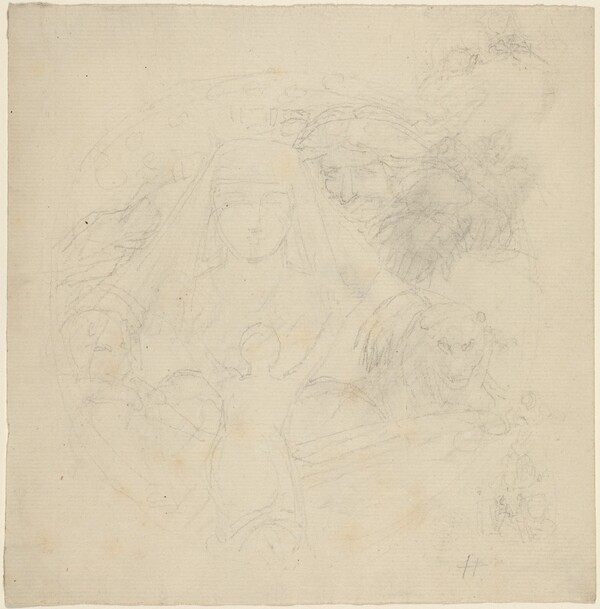 Figure Seen from behind Praying to an Apparition of a Head with Lions Below