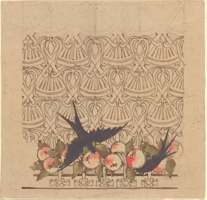 Ornamental design with two birds pecking at fruit