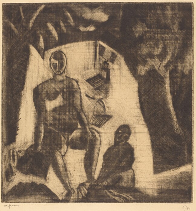 The image contains various curved and linear shapes creating an interplay of light and shadow. It has an abstract quality, with forms resembling human silhouettes. In the foreground, two figures are present, one seated and the other standing in a distorted manner. The background includes geometric shapes that suggest a room with a chair. The piece has a grainy, textured appearance.