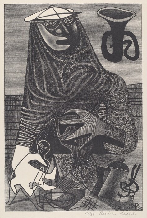 The image shows an arrangement of curved and angular shapes surrounding a large, abstract figure. The central figure combines smooth lines and textured patterns. The composition is abstract and combines multiple elements unconventionally. The central figure has a stylized face with glasses and a beret. A shape resembling a tuba or horn is on the right. Below, a smaller outline depicts a simplistic figure. Other shapes include a kettle and a twisted, treble clef-like symbol.