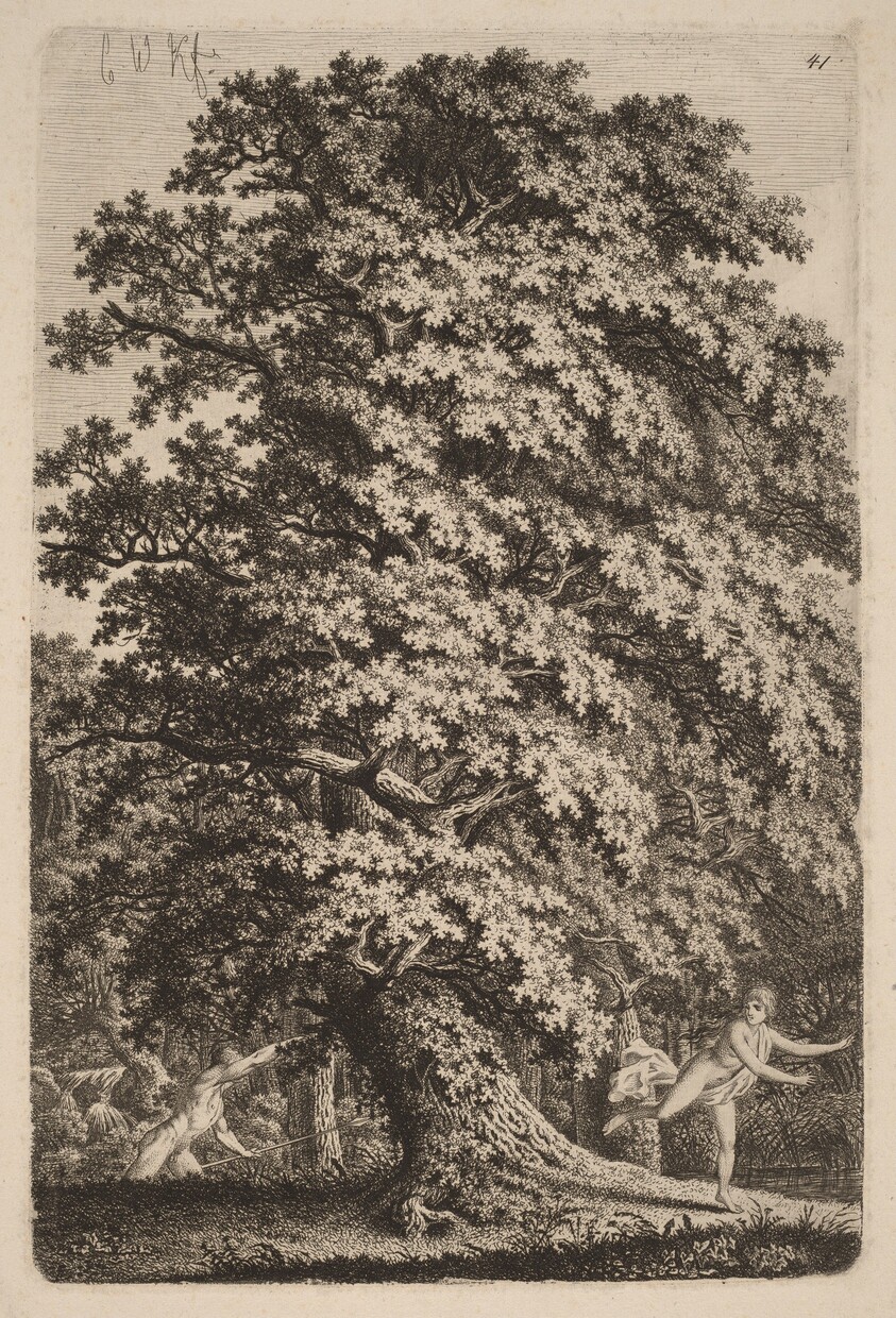 A Large Oak Tree in Gehölz. A Young Man with a Spear Follows a Young Girl.