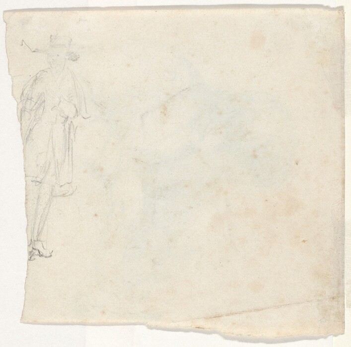 The image is a sketch on a lightly aged piece of paper, showing a faint full-body outline of a person positioned slightly to the left side of the composition. The person appears to stand upright, but details are not clearly defined. Vague lines suggest the person might be wearing a hat and a long garment, possibly a coat or robe. The facial features are not discernible due to the lightness of the sketch. There is no visible jewelry or objects held by the person. The background of the image is plain, with some visible texture and discoloration likely due to the paper's condition.