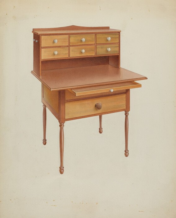 The image shows a wooden writing desk with turned legs and multiple small drawers on top. The color palette consists of warm browns and tans, with visible wood grain. The desk stands centrally, with drawers lined up in a row along the top tier and an open workspace below. The main drawer below the workspace is centrally located, with a larger knob, and the legs extend downward from each corner.
