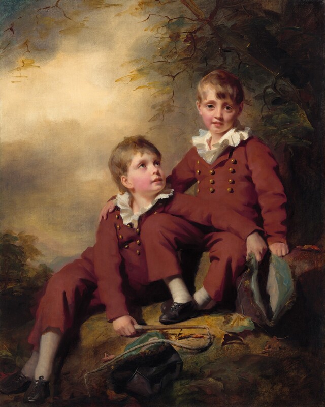 Two young boys sit side by side on some boulders with a cloudy sky behind them and dark tree branches above in this vertical portrait painting. The boys both have pale skin with flushed, round cheeks, short, light brown hair, and brown eyes. They wear matching russet-brown suits with rows of gold-colored buttons on their chests and white ruffles that pop out of their collars, white stockings, and black, laced up shoes. The boy on our right looks at us with his right hand on the other boy’s shoulder. That second boy sits on a lower rock and looks up at the first while draping one arm over the first boy’s lap. The second boy holds a plum-purple and powder-blue hat in one hand and a stick with a rope attached, perhaps a whip, in the other. Another hat lies on a boulder under the rope. A few crisp sage-green, deep yellow, and brown leaves have fallen to the ground at the boys' feet. The tree above and distant landscape beyond are loosely painted in hazy tones of yellow, smoky green, brown, and slate blue.