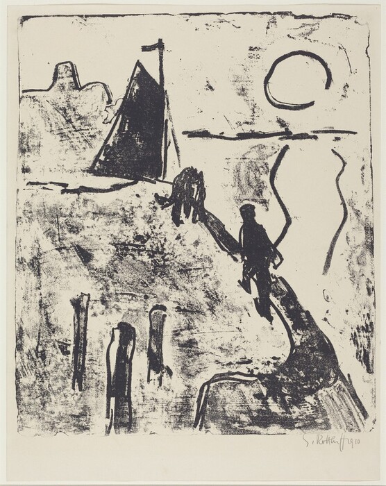 The image shows an aerial perspective of a landscape with dynamic composition. The horizon is slightly above the middle, with a thick line marking it. A large circular shape resembling the sun or moon is evident in the sky. The brushstrokes are bold and expressive, with a black and white contrast. The overall color palette is monochromatic, with stark black lines on white paper. A path leads from the bottom right to a central figure, possibly a human silhouette, and extends towards a sail-like structure with a flag. To the left are vertical shapes resembling posts or abstracted figures.