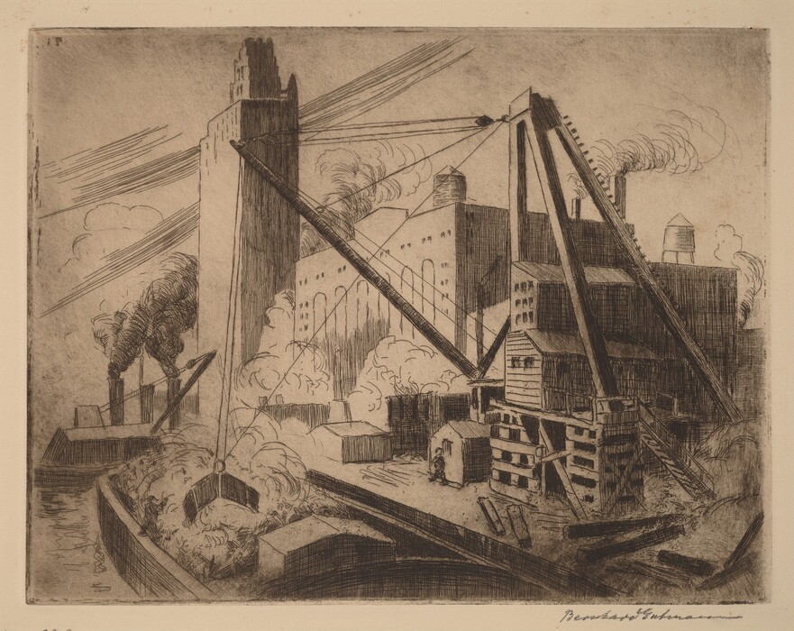 The image depicts an industrial scene with various structures and machinery visible. The horizon is lined with industrial buildings and smokestacks emitting smoke, while the scene is dominated by rigid, angular forms. The color scheme is monochrome, using shades of brown and black to create a mechanical atmosphere. A large crane or machinery with cables and pulleys is in the foreground, with additional industrial buildings and chimneys in the background. Water and a barge are visible to the left.