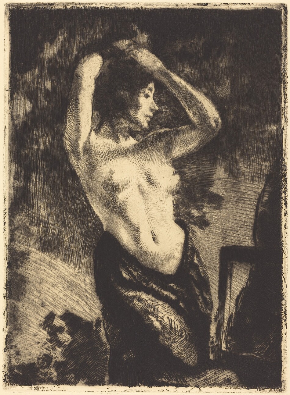 The image is an etching of a woman shown from the waist up in a profile position. She has delicate facial features with a calm expression and short hair framing her face. The woman appears topless, with drapery covering her lower body. Her arms are raised above her head with her hands behind it. The background features a textured surface, creating an abstract or natural setting. There are no visible jewelry or objects.