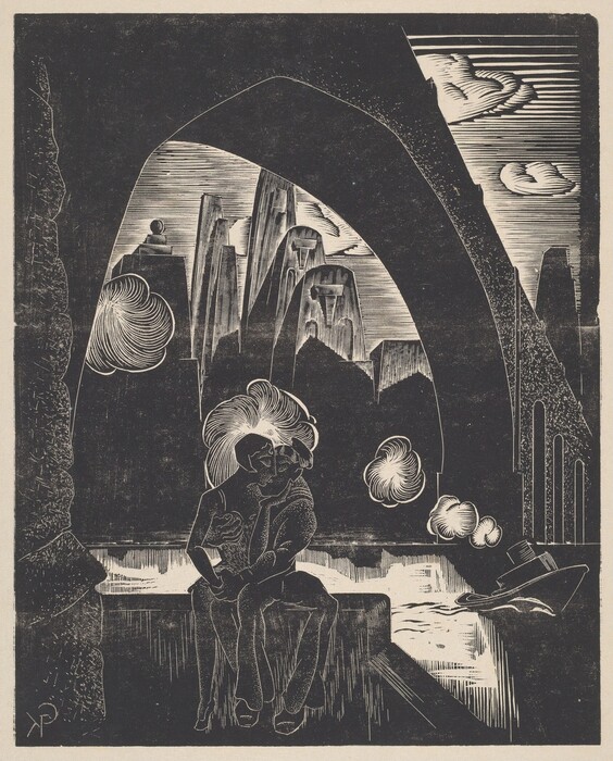 This is a drawing of a surreal, fantastical scene with abstract elements. There are two figures sitting closely together under an archway, which frames a surreal landscape in the background. The scene is filled with swirling forms resembling clouds or puffs of smoke, floating around the figures and in the background. Behind them, there are towering rock formations or abstract monolith-like structures. To the right, a small boat with a person is navigating a narrow waterway. The use of contrasting light and shadow gives the scene a dramatic and mysterious atmosphere.