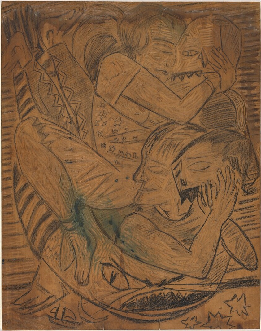 Unfinished woodblock carving for Self-Portrait with Naila as Circus Performers Holding Masks and Reclining on a Sea Monster
