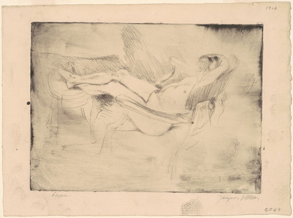 The image depicts a sketch of a reclining nude figure, showing the full length of the body. The person is positioned lying back on a chaise-like structure with both arms raised, hands resting behind the head. The person's face is in profile view, revealing delicate features and loose hair cascading down, which appears to be long and flowing. There is no visible clothing on the person. Surrounding the figure is a softly rendered background that gives an impression of textured surfaces, hinting at a lightly sketched indoor setting with indistinct objects around, such as a chair nearby. The overall composition conveys a sense of relaxation within the depicted setting.