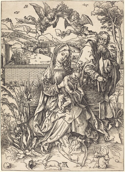 The image shows a woman holding a child in her lap, while a man stands beside them. The woman has long, wavy hair under a headdress. The child appears to be reaching out playfully, with curly hair. The man has a long beard and is dressed in robes. Both the woman and the man wear detailed garments. Two angels fly above, holding a crown. The background shows hills, trees, a castle, and rabbits on the ground. Various plants surround the figures.