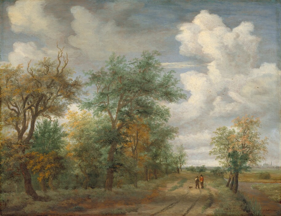 Two men and a dog walk or stand on a rutted dirt road that stretches into the distance in front of us, between a grove of trees to our left and a shallow, narrow canal or ditch to our right in this horizontal landscape painting. The horizon comes about a quarter of the way up the composition, and puffy white clouds float across a pale blue sky above. Outlined against the sky, the leaves of some of the trees to our left are olive or moss green, and others are golden yellow. Tiny in scale and a distance from us, the men wear dark, brimmed hats and dark pants and shoes or boots. One wears a crimson-red shirt or jacket and the other has something white, presumably a sack, flung across one shoulder over a dark jacket. The men walk or pause near a short row of three trees between the path and the canal to our right. Farther back and almost lost in shadow to our left, a third person is painted as a dark silhouette walking near the grove of trees. The water in the canal shimmers between marine blue and pale rust brown. The area beyond the canal is flat fields. Painted as a faint gray silhouette along the far distant horizon, the spires of a church and other buildings indicate a town in the deep distance to our right. A few dots of dark paint suggest birds flying high over the fields to our right. The artist signed the painting in the lower right corner, making the first two letters into an intertwined monogram: “MHobbema.”