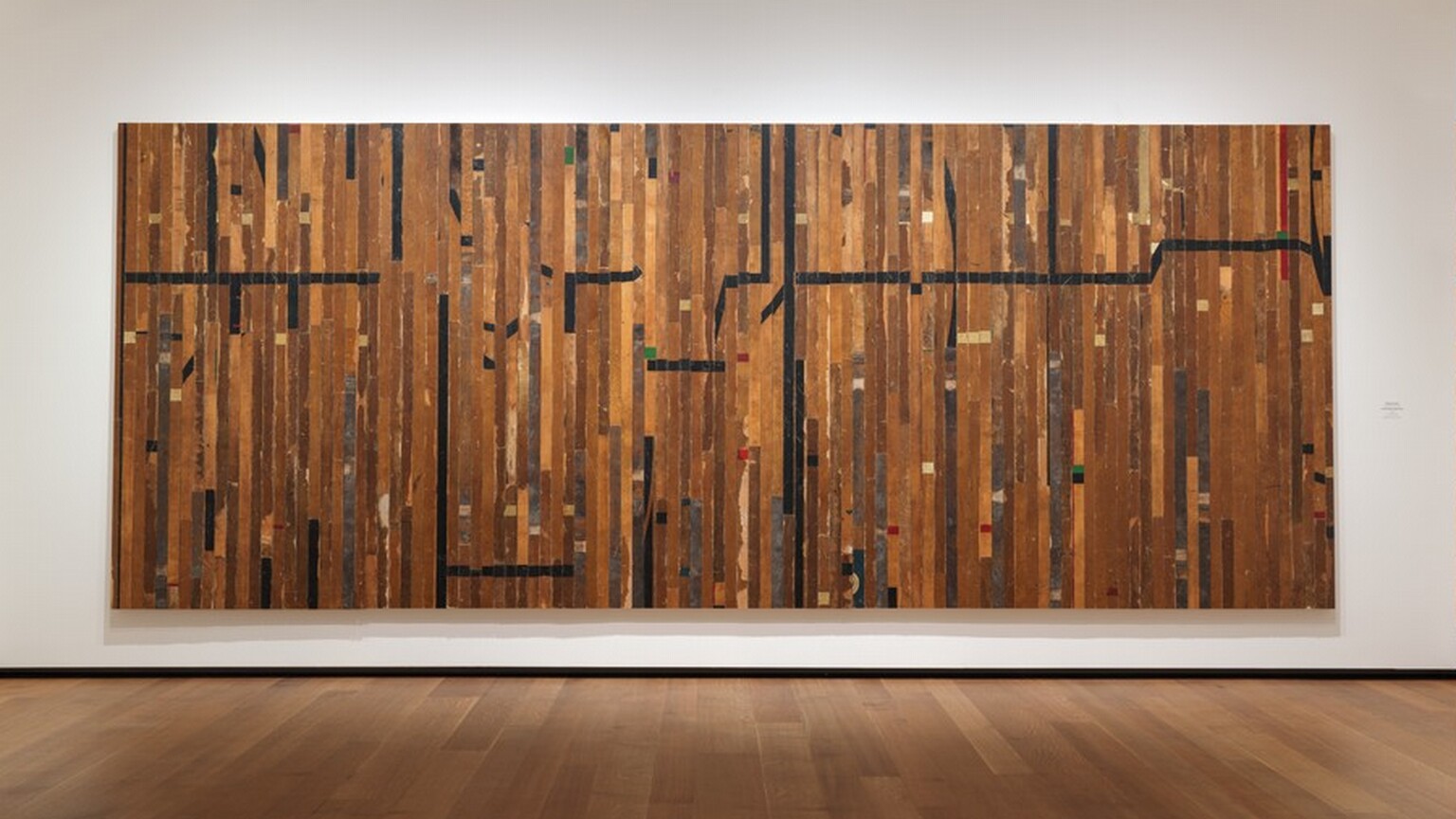 Narrow boards of a wood gymnasium floor were taken apart and reassembled as vertical planks that make up this wide, rectangular panel, which hangs on a wall. Several boards have long strips of black tape and one, near the top right corner, has a band of red tape. Most of the markings are short checks of black, white, red, and green tape. The wood stain is dark in some areas, gray with damage in others, or flaking in places. The two longest horizontal black stripes are near the top left corner and across the right half, about a third of the way down from the top edge of the piece. The room where this hangs has wider planked wood floors and a white wall.