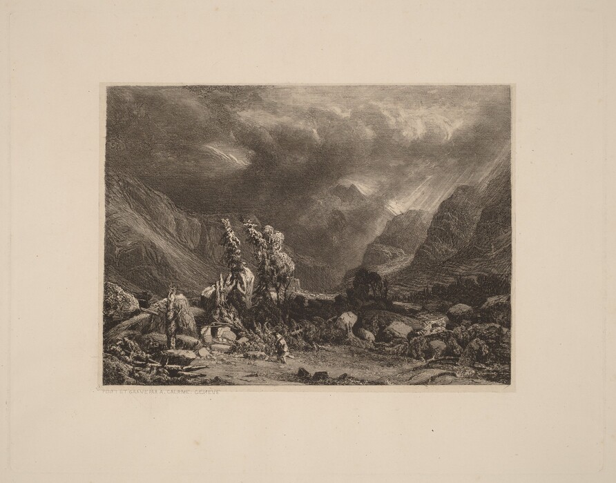 The image shows a landscape with rugged terrain, scattered rocks, and small vegetation. Two figures are navigating the rocky area. The scene includes towering hills, rocky formations, an obscured horizon, turbulent sky with dark clouds and streaks of light, after a storm. The etching technique uses intricate brushstrokes to depict the sky and landforms with high contrasts. The color palette is monochromatic, focusing on light and dark contrasts to enhance the landscape's ambiance.