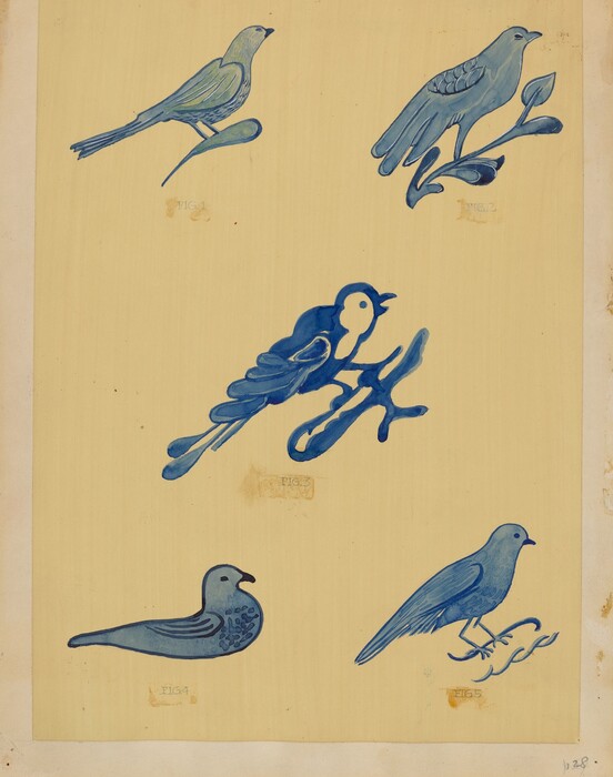 The image depicts five stylized blue birds against a pale yellowish-beige background. The birds are each uniquely designed and vary in shades of blue. In the image, there are two birds perched on branches, one bird with dynamic lines on twigs, a small bird with minimal detail, and another bird standing on a stylized branch.