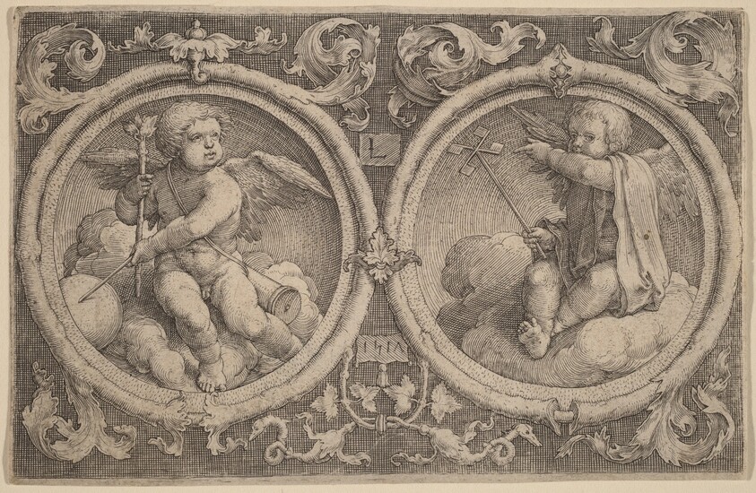 Two Cupids Seated on Clouds in Two Circles