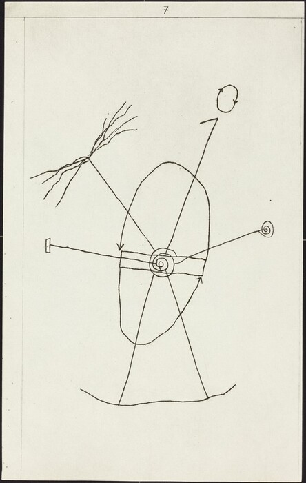The image shows an array of black lines intertwined to create an abstract composition. In the center, there is a large oval-like shape with arrows and a spiral inside. Above it, a smaller circular shape with a short tail is visible. To the left, a cluster of branching lines emanates, while on the right, a spiraling line is present.
