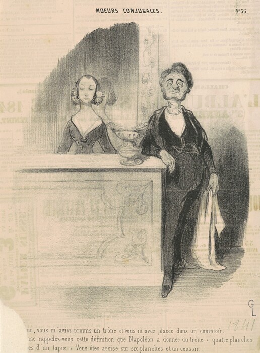 The image depicts two individuals, a man and a woman, shown from approximately mid-torso up. The woman is seated or positioned slightly behind the counter with her hands not visible, while the man is leaning against the counter with one arm resting on it and a handkerchief hanging from his other hand. The woman has a long neck, closed eyes, and distinct facial features with her hair styled in large curls or buns on either side of her head. She wears a dark dress with a low neckline adorned with buttons. The man has a stern expression with a prominent nose and chin, and his hair is graying and slicked back. He is dressed in a dark suit with a light-colored cravat around his neck. Behind them, there is a simple backdrop with some faint decorative patterns, and the top portion of the image includes text which reads "Moeurs Conjugales" (Conjugal Morals) in French, suggesting a newspaper or publication format. The overall tone of the image is monochrome, with an emphasis on line and shading.