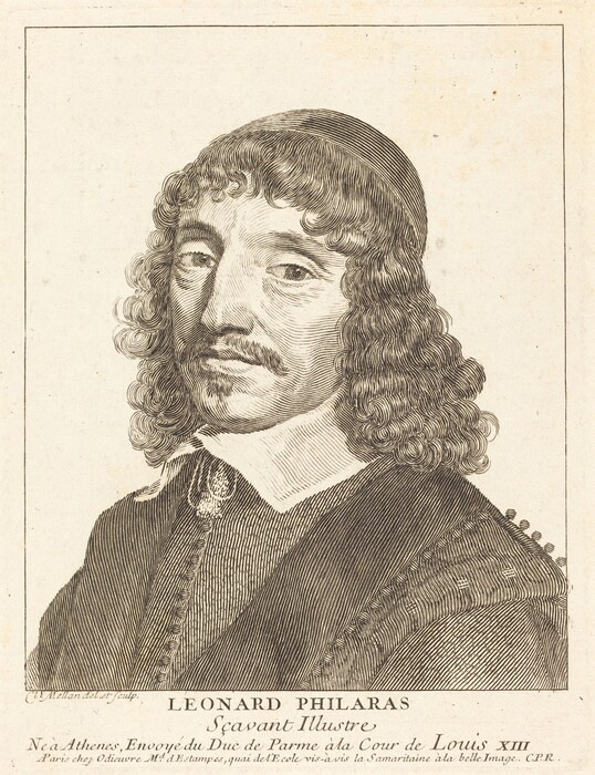 The image shows a bust-length portrait of an individual facing slightly to the left. The person's body is visible from the chest up, with the head turned slightly to the left. The person has an elongated face with delicate features, including a prominent nose and full lips. Their eyes gaze slightly to the left with a composed expression. The hair is curly and shoulder-length, with a styled appearance, and wearing a cap or hat. They are dressed in period attire with a high-collared garment with intricate detailing. The background is plain with no additional details.