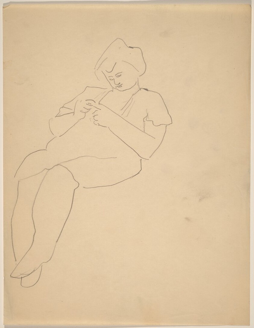 Seated Woman Leaning Back and to the Right, Looking Down at Her Hands