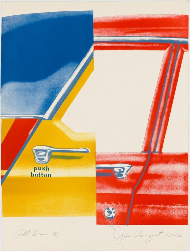 The image displays bold, intersecting lines and color-blocked shapes, creating an abstract composition. On the left side, there is a triangular form with a blue top section and a yellow bottom, along with a chrome handle and the words "push button" printed below it. The right side shows red and white lines forming a rectangular shape similar to a car door, with a chrome handle. The artwork combines geometric shapes with automotive design elements like car doors and handles, evoking mid-century car culture.