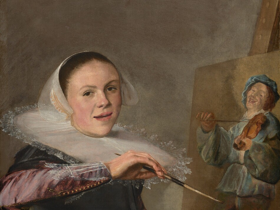 Shown from about the waist up, a woman with smooth, pale skin sits in a chair facing our right in front of a canvas on an easel in this vertical portrait. She leans onto her right elbow, which rests on the seat back. She turns her face to look at us, lips slightly parted. Her dress has a black bodice and a deep rose-pink skirt and sleeves. She wears a translucent white cap over her hair, which has been tightly pulled back. A stiff, white, plate-like ruff encircles her neck and reaches to her shoulders. She holds a paintbrush in her right hand and clutches about twenty brushes, a wooden paint palette, and a rag in her left hand, at the bottom right of the canvas. The painting behind her shows a man wearing robin's egg-blue and playing a violin.