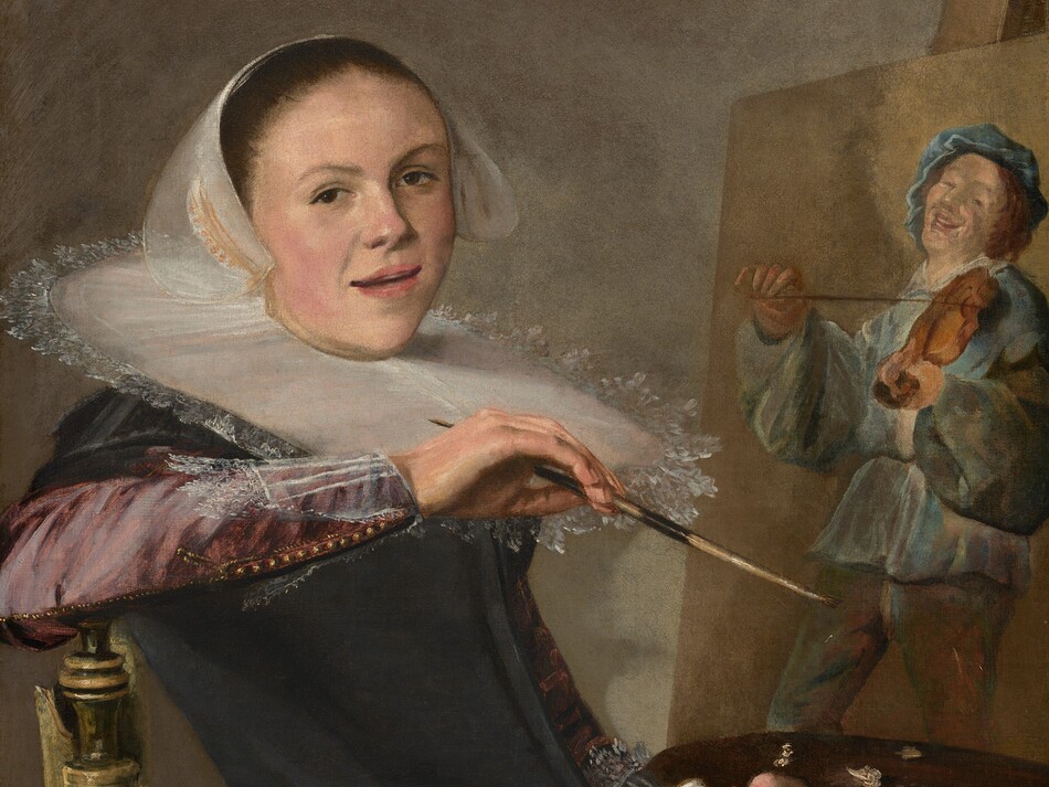 Shown from about the waist up, a woman with smooth, pale skin sits in a chair facing our right in front of a canvas on an easel in this vertical portrait. She leans onto her right elbow, which rests on the seat back. She turns her face to look at us, lips slightly parted. Her dress has a black bodice and a deep rose-pink skirt and sleeves. She wears a translucent white cap over her hair, which has been tightly pulled back. A stiff, white, plate-like ruff encircles her neck and reaches to her shoulders. She holds a paintbrush in her right hand and clutches about twenty brushes, a wooden paint palette, and a rag in her left hand, at the bottom right of the canvas. The painting behind her shows a man wearing robin's egg-blue and playing a violin.