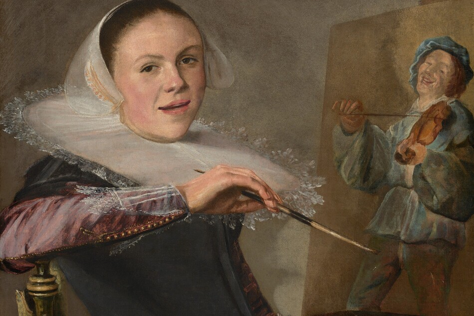 Shown from about the waist up, a woman with smooth, pale skin sits in a chair facing our right in front of a canvas on an easel in this vertical portrait. She leans onto her right elbow, which rests on the seat back. She turns her face to look at us, lips slightly parted. Her dress has a black bodice and a deep rose-pink skirt and sleeves. She wears a translucent white cap over her hair, which has been tightly pulled back. A stiff, white, plate-like ruff encircles her neck and reaches to her shoulders. She holds a paintbrush in her right hand and clutches about twenty brushes, a wooden paint palette, and a rag in her left hand, at the bottom right of the canvas. The painting behind her shows a man wearing robin's egg-blue and playing a violin.