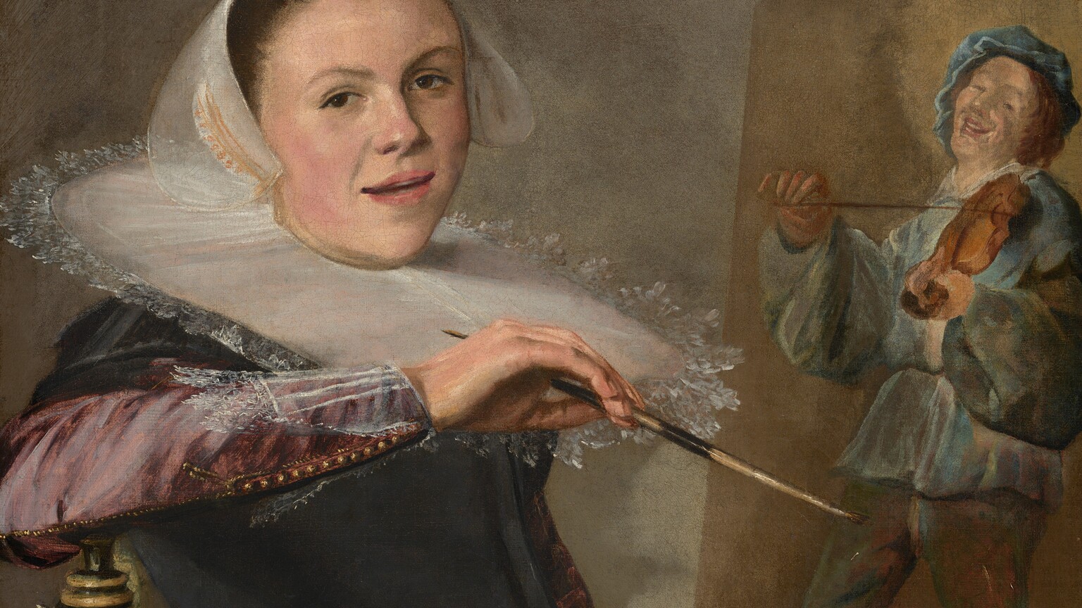 Shown from about the waist up, a woman with smooth, pale skin sits in a chair facing our right in front of a canvas on an easel in this vertical portrait. She leans onto her right elbow, which rests on the seat back. She turns her face to look at us, lips slightly parted. Her dress has a black bodice and a deep rose-pink skirt and sleeves. She wears a translucent white cap over her hair, which has been tightly pulled back. A stiff, white, plate-like ruff encircles her neck and reaches to her shoulders. She holds a paintbrush in her right hand and clutches about twenty brushes, a wooden paint palette, and a rag in her left hand, at the bottom right of the canvas. The painting behind her shows a man wearing robin's egg-blue and playing a violin.