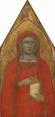 Shown from the hips up, a woman holds an ivory-white, cylindrical jar against a gold background on a panel shaped to come to a sharp point at the top of this vertical painting. The pale skin of the woman is faintly tinted with green. Her body faces us, and she looks at or past us with wide, hooded, light brown eyes under faint brows. She has a long, straight nose, and her pink bow-shaped lips are closed. The woman wears a tomato-red mantle that covers her head and drapes down past her shoulders and over her matching dress. Locks of blond hair show under the mantle on the sides of her face. Bands of geometric designs made with black lines decorate the edges of her mantle and the neckline of her dress. The woman holds her left hand under the jar and her right hand holds onto its peaked lid. A disk-like halo with a floral pattern is incised into the gold background behind the woman. Above the woman, narrow molding affixed to the panel creates a rounded but pointed arch set under the sharp point at the top of the panel. Between the arch and the triangular tip, an angel with harvest-gold wings and blond hair is shown from the chest up. The angel’s body faces us but the head is in profile to our right. A narrow palm frond is held by one shoulder, and a butter-yellow cloth drapes over a cardinal-red gown. The surface of the painting is cracked and chipped, especially in the gold areas. 