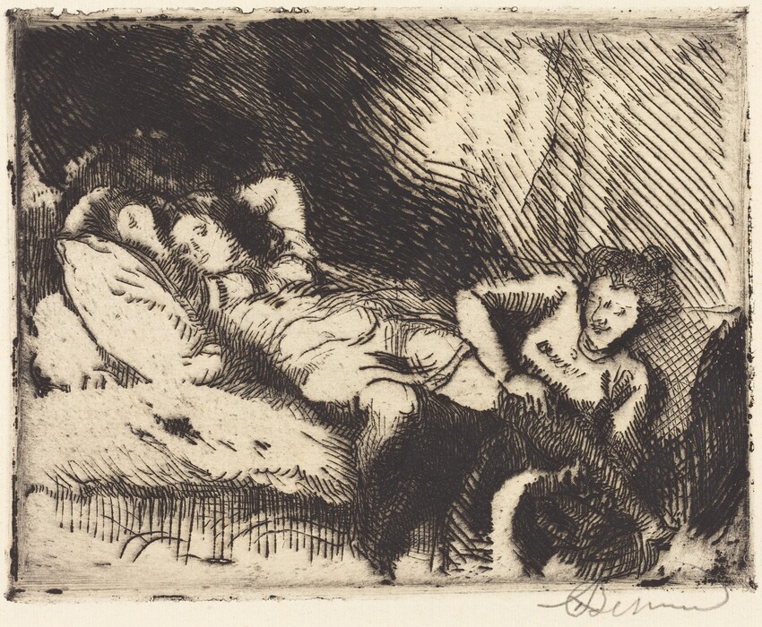 The image depicts two individuals. One person is lying down on a bed, facing left, with their head resting on a pillow. The second person is upright, reclined on the same surface, with one arm supporting their upper body. Both individuals have softly delineated facial features, typical of etching. The second person's hair appears curly or tousled. The clothing is not detailed. The background shows dynamic strokes, possibly representing drapery, adding depth to the composition against the lighter shading of the bed or surface.