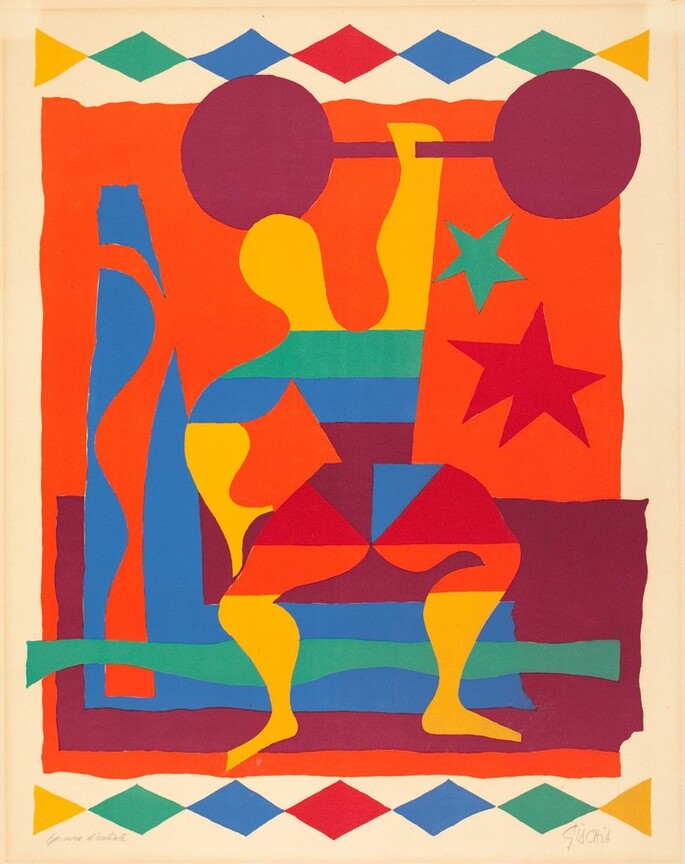 An abstracted depiction of a person holding up a barbell with one hand.