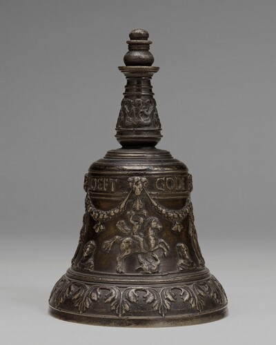Hand Bell with Blessing Christ Child, Saint George Defeating the Dragon, Death of Laocoὄn, David and Judith, and Busts in Profile