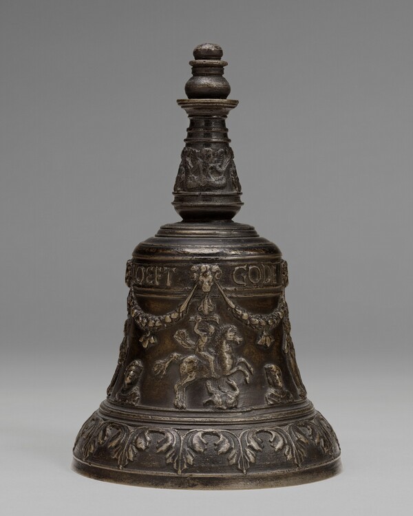 Hand Bell with Blessing Christ Child, Saint George Defeating the Dragon, Death of Laocoὄn, David and Judith, and Busts in Profile