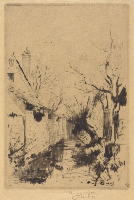The image displays a narrow path or alley enclosed by a rustic building on the left and bare trees on the right. The horizon is obscured by the building and trees, giving no distinctive features in the distance. The drawing is characterized by fine lines and sketchy brushstrokes, creating an impressionistic appearance. The color scheme is primarily sepia, evoking a nostalgic ambiance. Dark shadows and detailed markings hint at foliage near the path, while sparse branches and twigs adorn the sky, enhancing the rustic atmosphere.