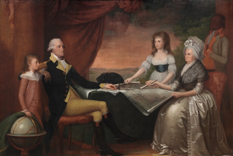 A light-skinned man, woman, boy, and girl, and a brown-skinned man sit and stand around a table spread with papers and a map in this horizontal portrait. The light-skinned man sits on a red upholstered chair at the table to our left, and his body faces our right in profile. His legs are crossed, and he rests his right elbow, closer to us, on the back of the chair. He has a sloping, rounded nose, dark eyes, jowls along his jawline, and his closed mouth juts forward. His left arm rests on an open pamphlet on the table next to a sword with a delicate silver hilt. To our left, the young boy stands also looks to our right in profile, next to the older man's chair. The boy wears a dusky rose-pink suit with a white lacy collar. With his right hand, he pulls back a dark green cloth covering a globe on a wooden stand along the left edge of the canvas. The woman sits at the right side of the table, across from the man. She has dark eyes, full cheeks, a double chin, and her pale lips are closed. She wears a voluminous ivory satin gown and petticoat with a black lace shawl, and an ivory cap with a satin bow covers her gray hair. She points to a spot on a map on the table with a closed fan held in her right hand. The young girl, wearing a gauzy white dress with a pine-green sash at the waist, stands on the far side of the table near the woman, holding the curling edges of the map. Behind the women, the brown-skinned man wears a rust-orange and gray uniform, and stands with one hand tucked into his vest in the shadows at the edge of the composition. His features are indistinct but he faces our left in profile. The room has a gold-and-yellow checkerboard floor, and a red cloth drapes from columns frame the scene to each side. It is unclear whether a river view at the back of the room is seen through an open window or door, or if it is a large painting behind the people.