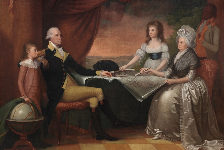 A light-skinned man, woman, boy, and girl, and a brown-skinned man sit and stand around a table spread with papers and a map in this horizontal portrait. The light-skinned man sits on a red upholstered chair at the table to our left, and his body faces our right in profile. His legs are crossed, and he rests his right elbow, closer to us, on the back of the chair. He has a sloping, rounded nose, dark eyes, jowls along his jawline, and his closed mouth juts forward. His left arm rests on an open pamphlet on the table next to a sword with a delicate silver hilt. To our left, the young boy stands also looks to our right in profile, next to the older man's chair. The boy wears a dusky rose-pink suit with a white lacy collar. With his right hand, he pulls back a dark green cloth covering a globe on a wooden stand along the left edge of the canvas. The woman sits at the right side of the table, across from the man. She has dark eyes, full cheeks, a double chin, and her pale lips are closed. She wears a voluminous ivory satin gown and petticoat with a black lace shawl, and an ivory cap with a satin bow covers her gray hair. She points to a spot on a map on the table with a closed fan held in her right hand. The young girl, wearing a gauzy white dress with a pine-green sash at the waist, stands on the far side of the table near the woman, holding the curling edges of the map. Behind the women, the brown-skinned man wears a rust-orange and gray uniform, and stands with one hand tucked into his vest in the shadows at the edge of the composition. His features are indistinct but he faces our left in profile. The room has a gold-and-yellow checkerboard floor, and a red cloth drapes from columns frame the scene to each side. It is unclear whether a river view at the back of the room is seen through an open window or door, or if it is a large painting behind the people.